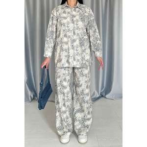 Wholesale Grey Leopard Print <b>Women's</b> 2-Piece <b>Linen</b> <b>Set</b> Hooded Jacket and Pants for Style and Comfort - Product Image 3