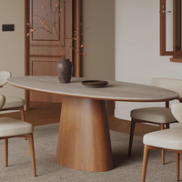 Table à manger ovale de style rétro français de luxe avec plateau en pierre et base en bois massif, pieds amovibles pour la maison et les hôtels