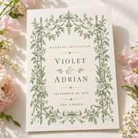 Carte d'invitation vintage à motif floral vert, style botanique français, avec nœud et cadre floral, invitation de mariage personnalisée, impression sur mesure pour mariage dans le jardin