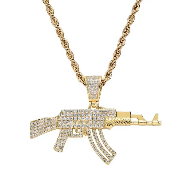 Echte Vergoldung Herren schmuck Hip Hop Bling Zirkon und Messing AK47 Automatische Gewehr form Anhänger Halskette