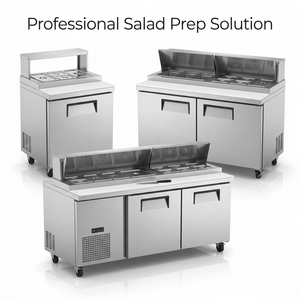 Station de préparation professionnelle tout-en-un réfrigérée avec comptoir pour salades, sandwichs et pizzas, avec bacs GN amovibles et roulettes - Product Image 1