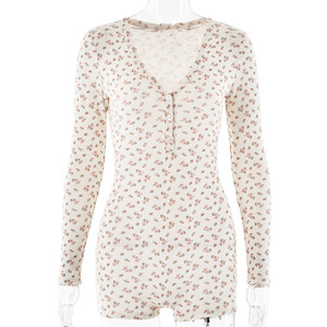 Body de Mujer con Cuello en V, Manga Larga, Estampado Floral, Tejido Elástico de Algodón, Grosor Medio, Sexy, Ajustado, para Verano - Product Image 5