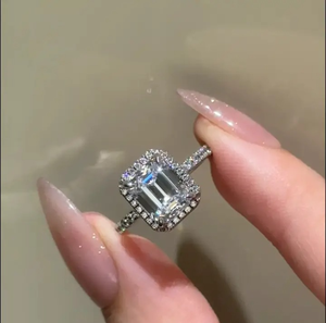 925 Moissanite Diamond 2.5 Carat Fancy <b>Emerald</b> Cut Halo Engagement <b>Ring</b> for Women in Sterling <b>Silver</b> White Gold Plated - Product Image 3