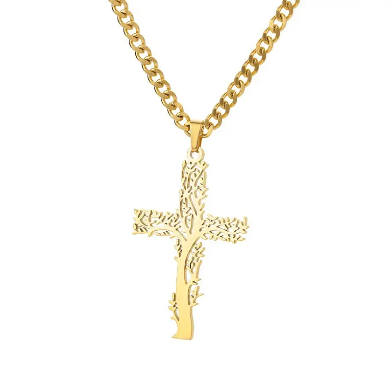 Amazon Hot Sale Stainless Steel Cross Necklace Plated Gold Silver Black Prayer Choker Cross Pendant Necklaces For Men