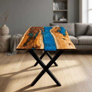 High-End Blue <b>Epoxy</b> <b>Resin</b> Dining <b>Table</b> – Solid Wood Luxury Furniture with Modern Metal Legs - Product Image 3