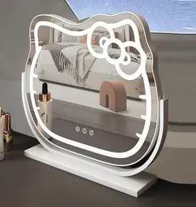 Hello Kitty กระจกแบบพกพาไฟ LED แว่นขยายกระจกแต่งหน้าพร้อมสมาร์ท 3 สีไฟสําหรับโต๊ะเครื่องสําอางที่กําหนดเองกระจกเงิน