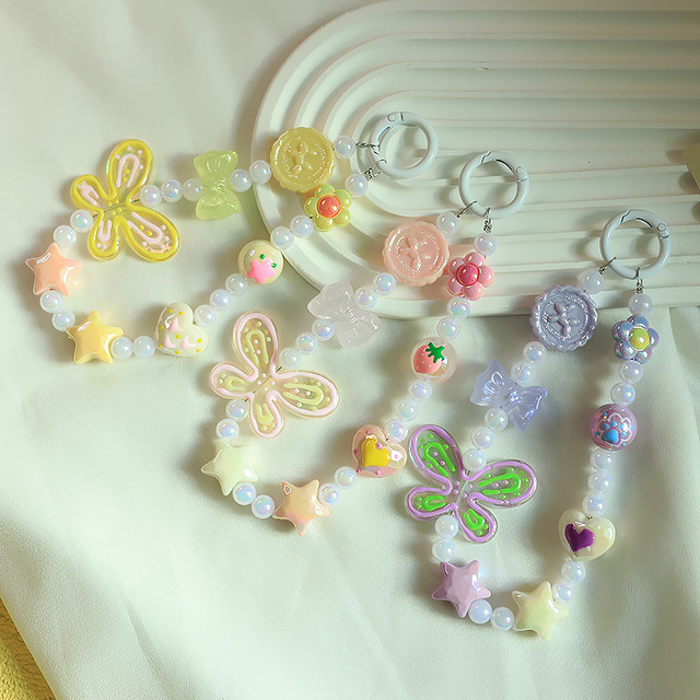 Cartoon Keychain Accessories With Butterfly Charm Beads Chain Cell Phone  Heart Mobile Phone Chain Beads Strap for Phone