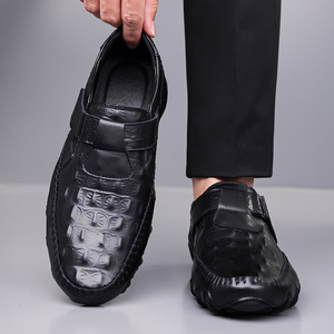 Mocassins en cuir pour hommes, cuir de vachette pleine fleur, motif crocodile, fermeture Velcro, semelle extérieure en caoutchouc antidérapante, talon bas, chaussures décontractées de bureau - Product Image 3