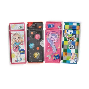 Cartoon Fancy Girls Boys Plastic Magnetic Foldable Pencil Case with Stationery Children Back to School