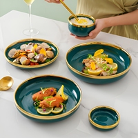 Juego de Vajilla de Porcelana y Cerámica de 6 Piezas, Estilo Nórdico Minimalista, con Borde Dorado y Diseño de Mármol Verde, Apto para Horno, Vajilla Sostenible
