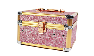 Small Vintage Style Red Aluminum <strong>Makeup</strong> <strong>Box</strong> with Leopard Print Portable Cosmetic Case Featuring Glitter and Mirror for Travel - Product Image 2