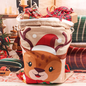 Grand sac de rangement de Noël tissé de 66 cm, imprimé de dessins de Noël, sac cadeau à cordon - Product Image 4
