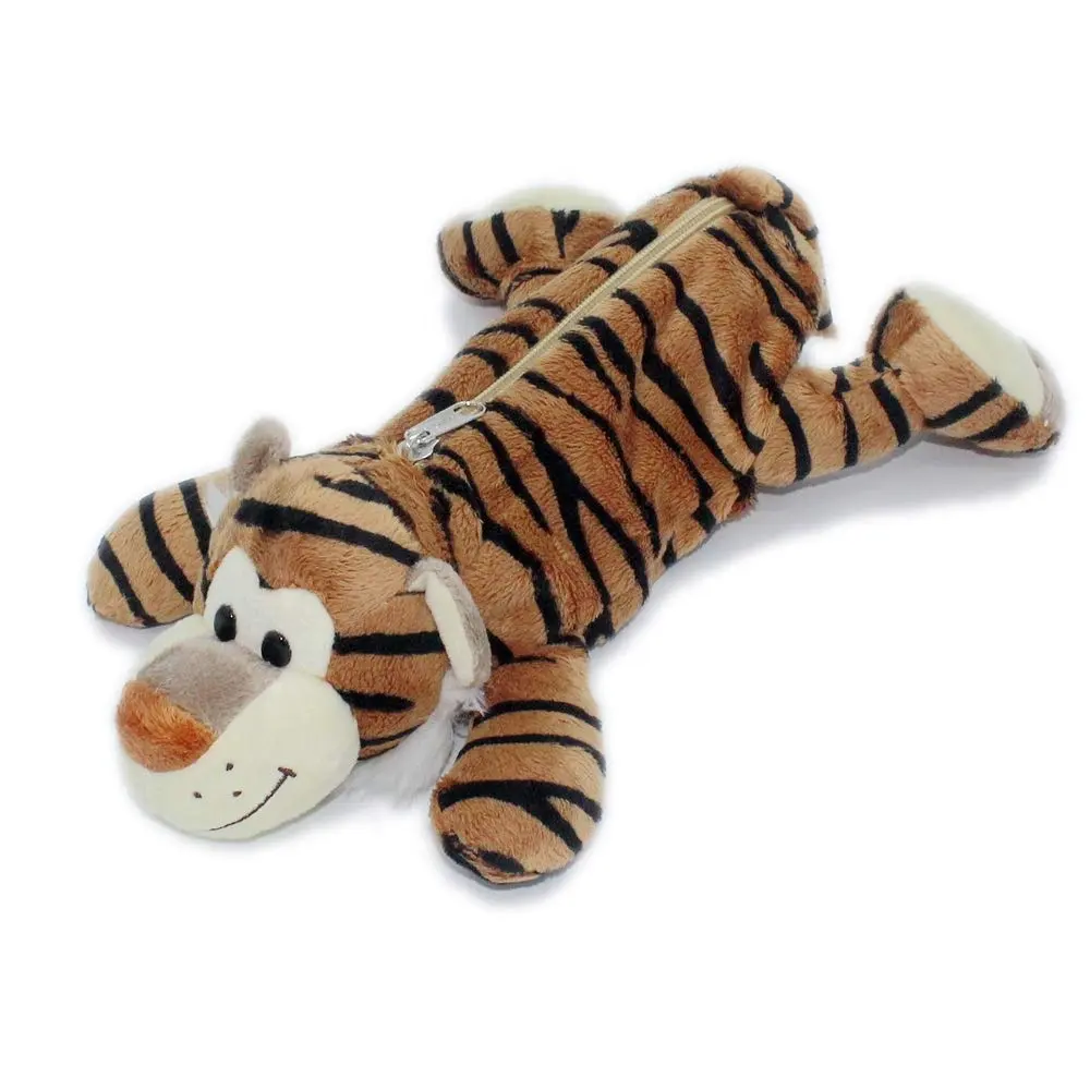 Plush tiger leopard zebra pencil bag zipper accessory plush forest animals kids animal shaped pencil case with custom logo
