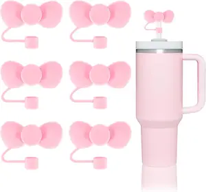 Bow Straw Covers Pink Silicone Reusable Straw Topper Cute Straw Caps 10mm/0.4 Inch Tips Lids Protectors for 30/40 OZ Tumbler