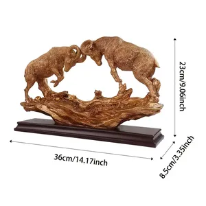 Escultura de Resina de Dos Carneros Dorados en Duelo sobre Base de Madera, Estatua de Ovejas de Cuernos Grandes en Lucha con Cuernos Entrelazados, Arte de Mesa con Temática de la Naturaleza - Product Image 6