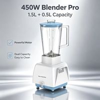 Mixeur Électrique en Plastique 450W avec Bouton Poussoir, Bol de Mélange 1,5L, Bol de Broyage 0,5L, 4 Lames, Usage Domestique, Fonction Broyage, Anti-Fuite
