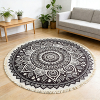 HR XLS07 Schwarzer Mandala-Muster Jacquard-Druck Polyester Handgefertigter Quasten-Rundteppich für Innenräume Schlafzimmer Wohnzimmer