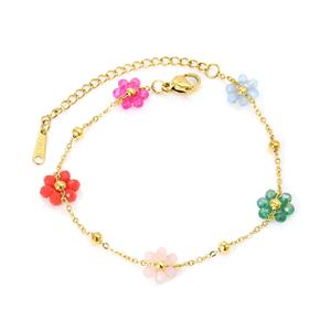 Bracelet de charme délicat et tendance en acier inoxydable plaqué or 18 carats avec chaîne à perles et fleur de tournesol colorée pour femme - Product Image 6