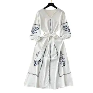 Bayanlar için Bohemian resort etnik chic zarif işlemeli bel ince elbise