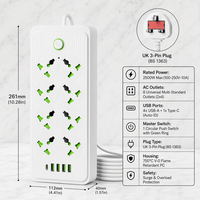 Multiprise universelle 8 voies pour usage domestique, 10A 2500W, en laiton, IP44, avec protection contre les surcharges et les surtensions, et porte-prise de sécurité