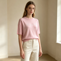Pull décontracté brodé de haute qualité pour femme, col rond, manches courtes, couleur rose, coupe ajustée, vente en gros, OEM & ODM Theodore