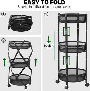 Chariot utilitaire roulant à 3 niveaux Chariot de rangement pliable en métal avec roues verrouillables Chariot organisateur de service polyvalent - Product Image 2