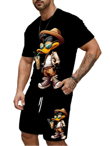Conjunto Casual de Verano para Hombre con Cuello en V, Manga Corta, Pantalones Cortos y Estampado de Pato de Dibujos Animados, Tela Satinada Transpirable 100% Poliéster - Product Image 1