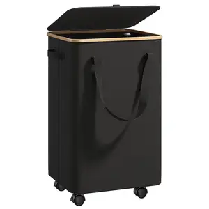 Raybee Rolling Laundry Basket Tall Laundry Hamper With Lid 100L Large Hampers For Laundry With Bamboo Handle