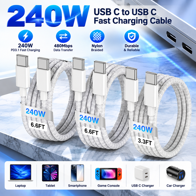 240W USB C to USB C Cable PD Fast Charging Type C to Type C Braided Data Charger Cable for Phone Tablet Laptop 1M 2M