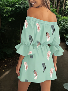 Off The Shoulder Chiffon Mini Dress With Feather Print Ruffle Sleeve Boho Loose Fit Summer Casual Dress - Product Image 3