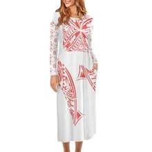 Polynesian Tribal Dresses Samoan Brown Tapa Sublimation Print Dress Custom Casual Long Sleeve Maxi Casual Dresses with pocket