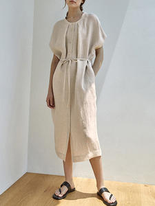 Vestido Midi Sin Mangas de <span class=keywords><strong>Lino</strong></span> Puro Estilo <span class=keywords><strong>Francés</strong></span> con Cuello Mandarín, Antiestático, Corte A, Holgado, Informal, Nueva Colección Verano 2025 - Product Image 6