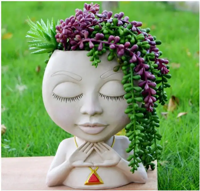 Cool Face Planter Pots Unique Head Planters Cute Girl Flower Pot, Female Sculpture Statue Vase with Hole, Resin Female Bust