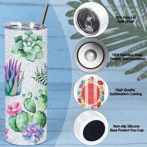 Ensemble de gobelets isothermes de voyage blancs écologiques de 20 oz, droits et fins, pour sublimation, en acier inoxydable à double paroi, avec couvercle et paille - Product Image 2