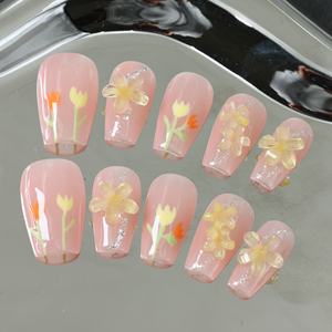 Wholesale Handmade Acrylic Full-Cover Coffin Shape False <b>Nails</b> Pre-Designed Pink/White Gradient <b>Rhinestone</b> Design Long Tips - Product Image 1