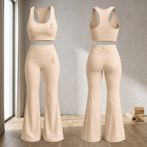 Beige High Waist <b>Flare</b> Yoga <b>Leggings</b> Solid Quick Dry Seamless Stretch Workout Pants Custom Logo Activewear Set - Product Image 2