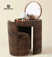 Ensemble de coiffeuse vintage motif léopard avec miroir rond à bascule et tabouret rembourré, meuble de coiffeuse d'angle antique, vente en gros