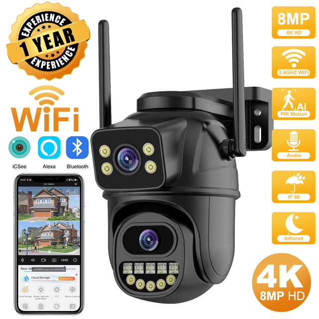 4K 8MP HD Wifi PTZ Camera Outdoor 4MP Dual Lens Dual Screen AI Auto Tracking IP Camera CCTV Audio Video Surveillance P2P ICSee