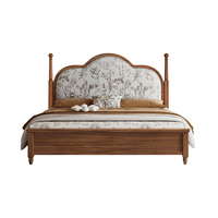 Neues Chinesisches Vintage Massivholz-Plattformbett, Gewölbtes Blumenmuster Stoffbezogenes Kopfteil Gaslift-Stauraumbett für Schlafzimmer