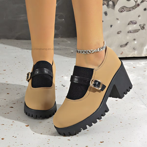 Chaussures à talon épais de style britannique, à enfiler, à bout profond, nouvelle collection automne, grandes tailles, pour femmes - Product Image 1