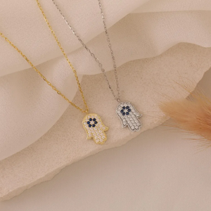 Collana pendente a mano Hamsa personalizzata con pietra del diavolo blu in acciaio inox Hamsa occhi a mano talismano gioielli regalo - Product Image 1