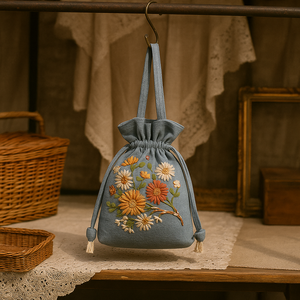 กระเป๋าเชือกรูดปักลายดอกไม้ทำด้วยมือกระเป๋าสะพายไหล่ผ้าฝ้ายโบโฮ - Product Image 4