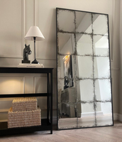 Modern Luxury Large Black Aluminum Framed Floor Window Pane Mirrors LED Lighting Iron and Wood Frame Everyday Home Wall Decor