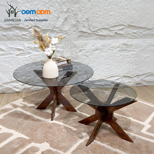 Set di 2 Tavolini da Caffè Rotondi con Piano in Vetro e Base in Legno per Soggiorno - Product Image 1