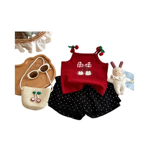 Tongxingyuan Girls Summer Sleeveless Top With Polka Dot Shorts Set Red Cherry Print Cotton Outfit For Kids - Product Image 5