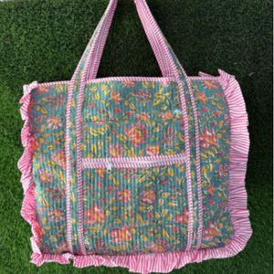 Bolsos de Mano Grandes Personalizados de Algodón Acolchado, con Estampado Floral y Volantes, Cierre Abierto, Estilo Boho de Verano, para Mujer - Product Image 5