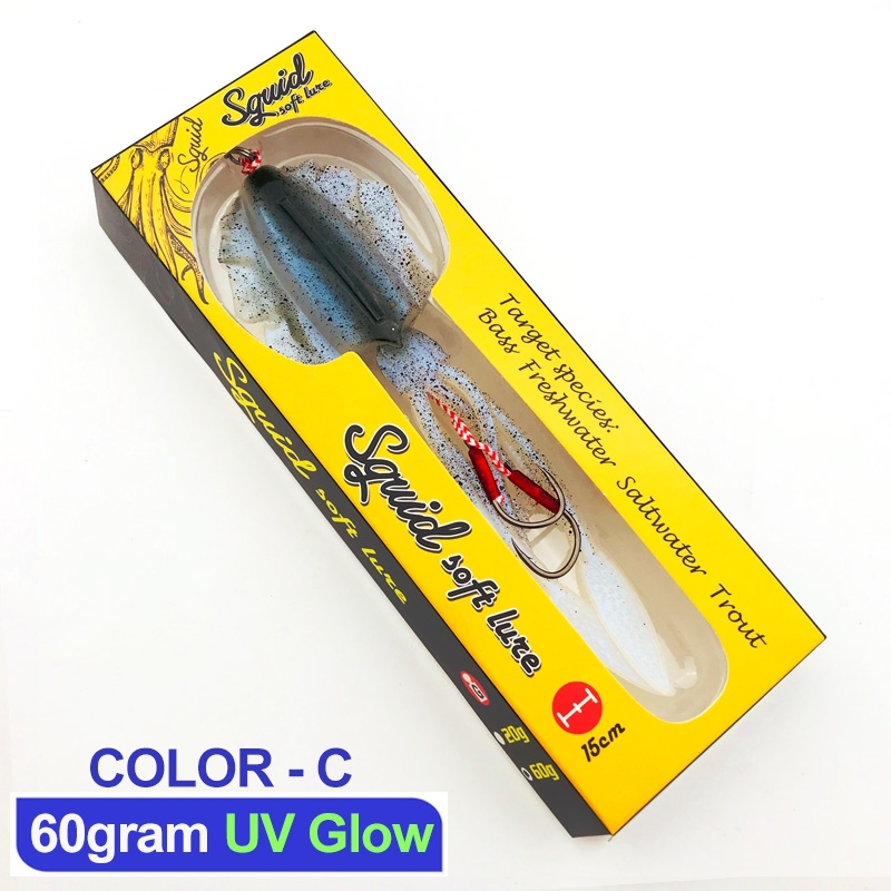2 Leurres De Pêche Souples Calmar Lumineux/UV - 35g/47g - 13.5cm