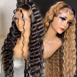 Glueless Brazilian <b>Deep</b> <b>Wave</b> Human Virgin Hair HD for Lace Front <b>Wig</b> 200% Density Short Length Highlights Color - Product Image 4