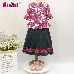 Elsali Dashikiシャツ女の赤ちゃん服2個セットアフリカンドレスヒョウ柄Tシャツキラキラプリーツスカートスーツ