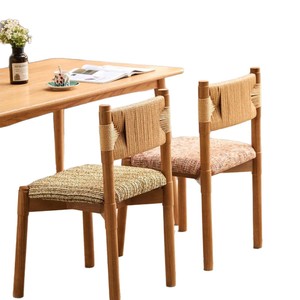 Chaise de salle à manger en bois massif avec assise rembourrée et dossier en corde, pour salon et salle à manger - Product Image 5